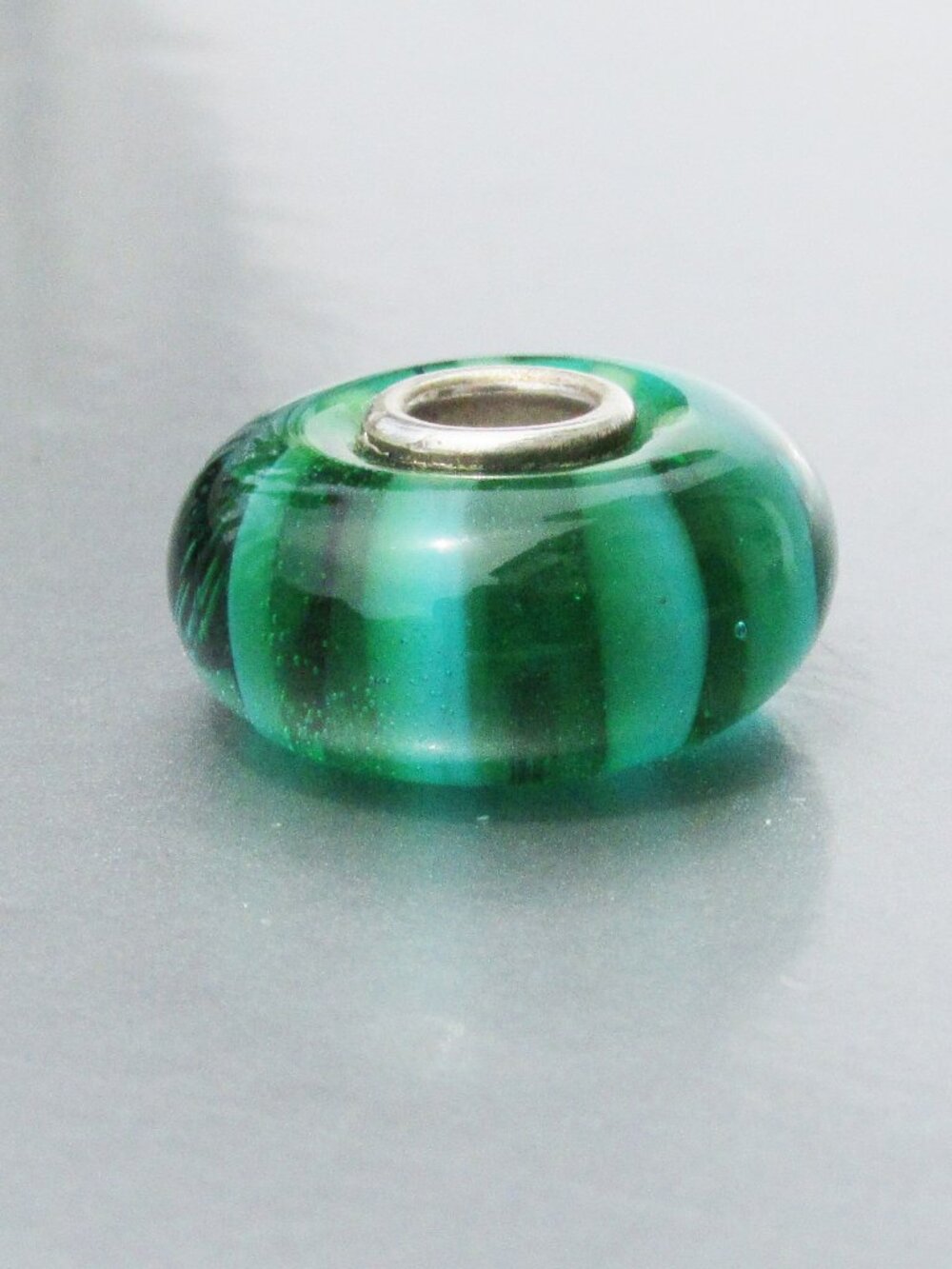 Retired TROLLBEADS Green Stripe Glass Sterling Silver Bead Charm 61359
